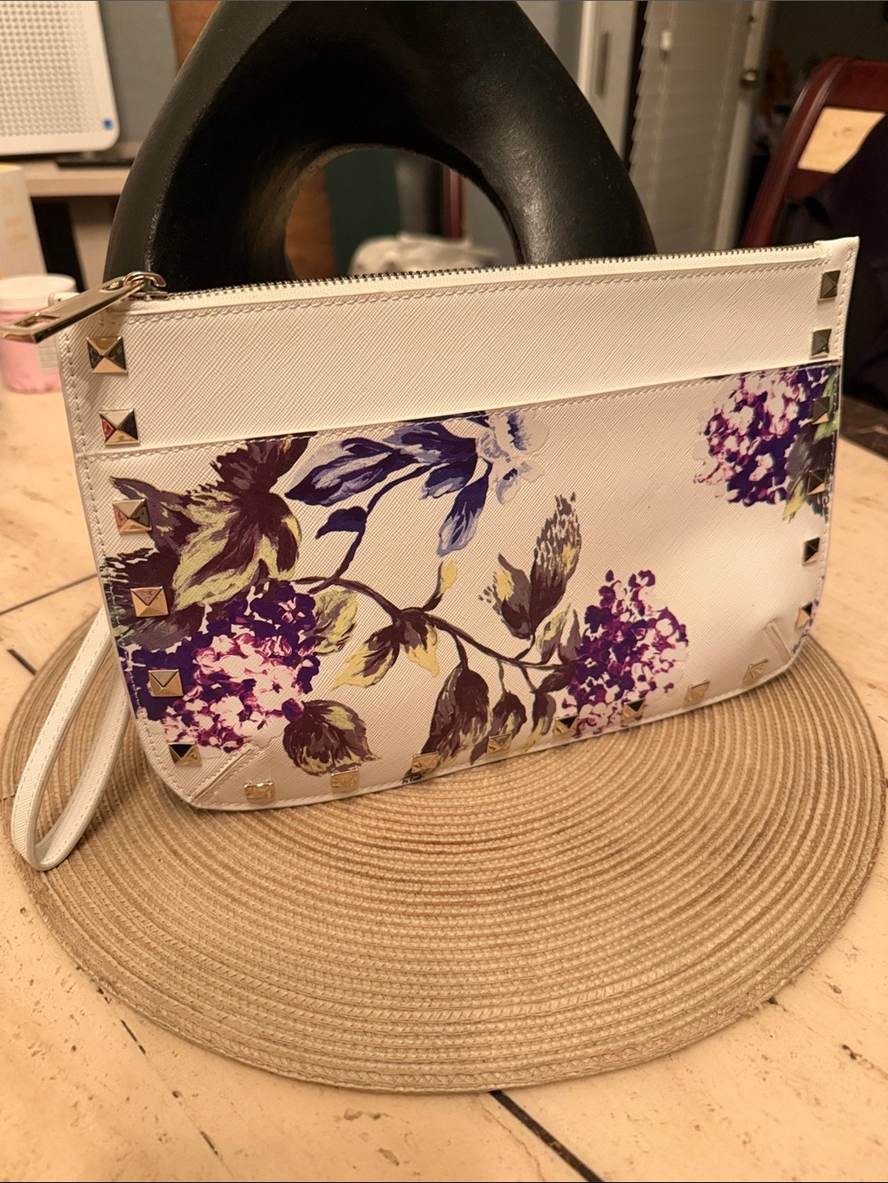 White House Black Market Floral Wristlet Clutch w/ Silver Studs & Detach Strap